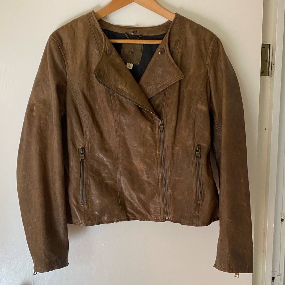Banana Republic tan leather biker style zipper jacket women size M